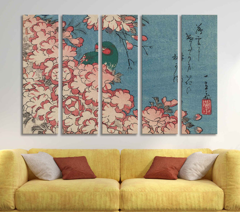 Japanese cherry blossom and green bird by Utagawa Hiroshige