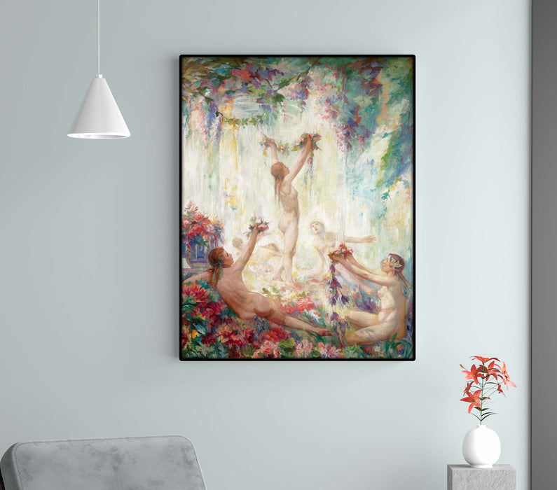 Nymphs in a Beautiful Flower Garden Paper Poster or Canvas With a Print in a Frame Wall Painting