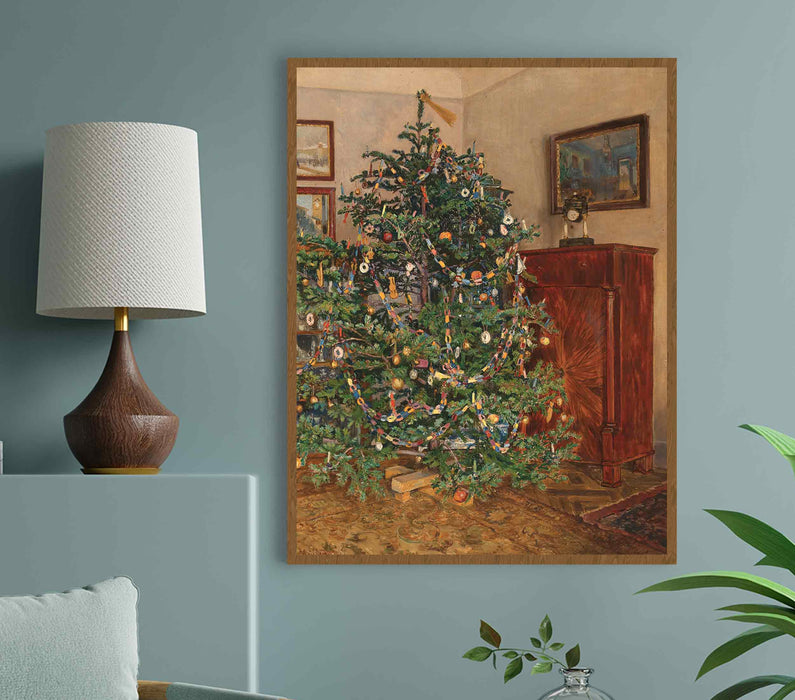 Lush Green Christmas Tree in the Interior of the New Year Paper Poster or Canvas Print Framed Wall Art