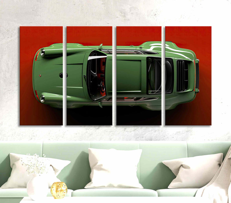 Green Beautiful Sports Car on Red Background Poster or Canvas Print Wall Art