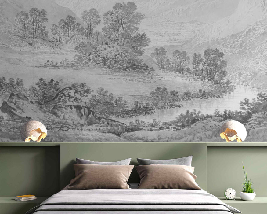 Vintage Nature Landscape Mural 120х80 on Self-Adhesive Fabric or Non-Woven Gray Scene Wallpaper River with Trees Wall Art