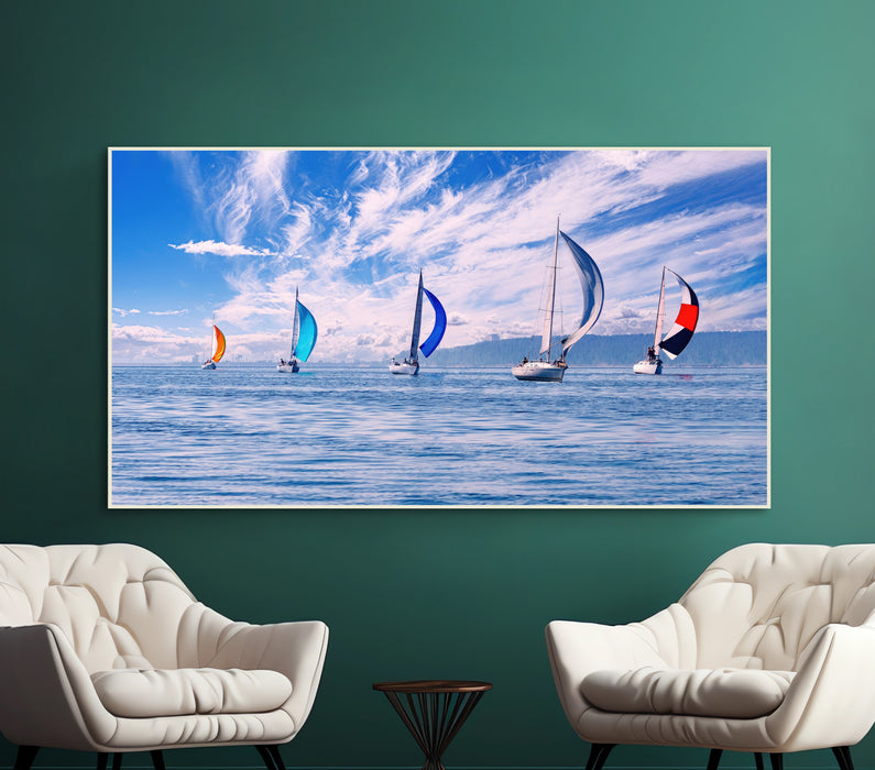 Yachts in the open sea blue water Yachting modern art Decor for Kitchen or Office Paper Poster or Canvas Print Framed Wall Art