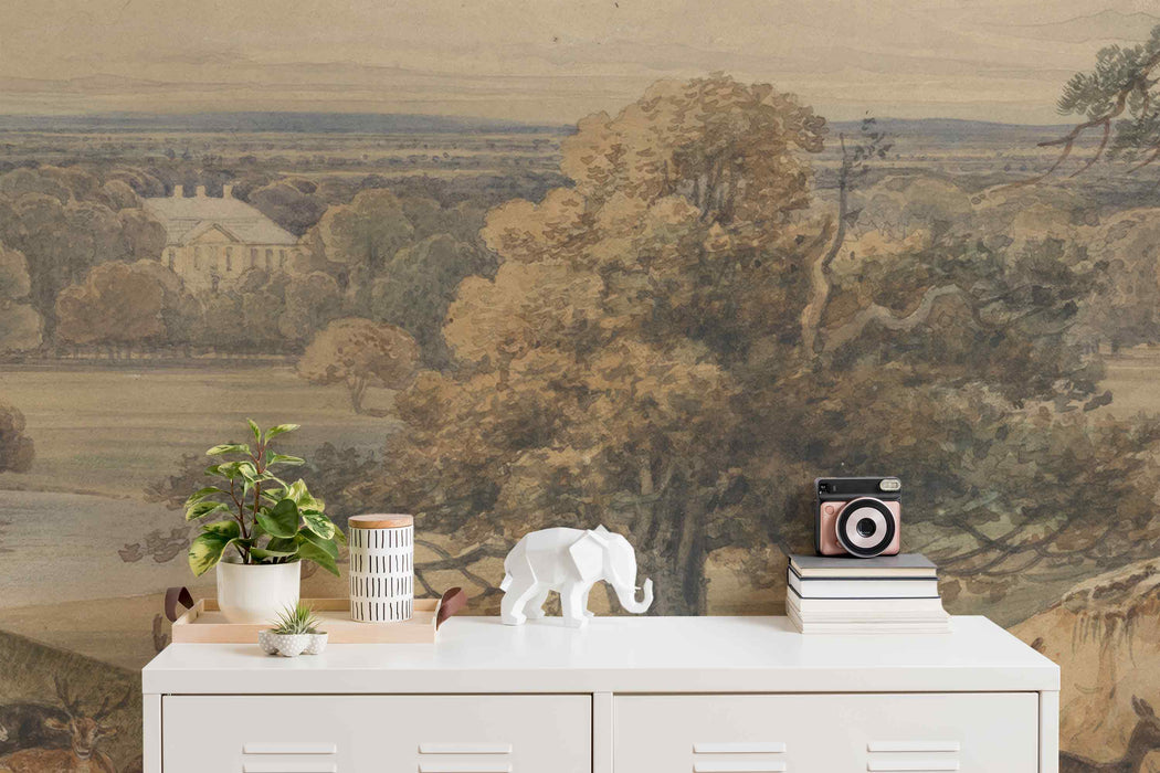 A Flock of Deer on a Background of a Landscape with Large Trees Self-Adhesive Fabric or Non-Woven Wallpaper Vintage Nature Mural Animals Scene Wall Art