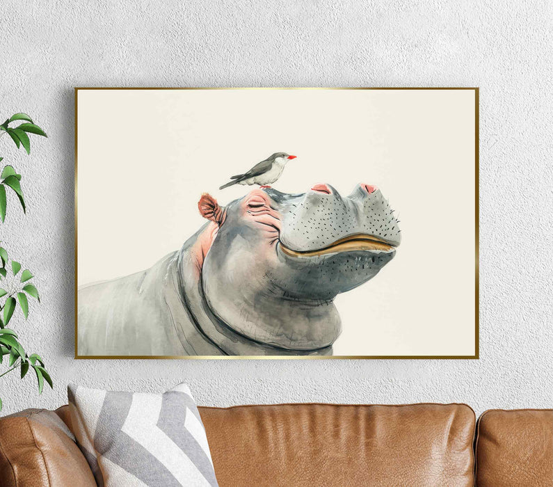 Cute and funny hippo with a bird on his head Paper Poster or Canvas Print Framed Wall Art