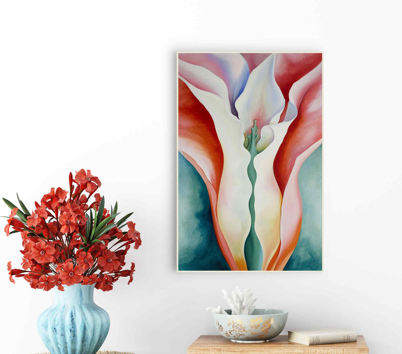 Calla lily, a beautiful delicate calla lily flower in red and pink color with green leaves Paper poster or canvas with print framed wall art