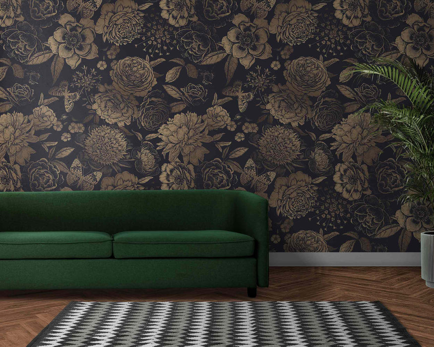 Dark Golden Floral Print on Self-Adhesive Fabric or Non-Woven Wallpaper
