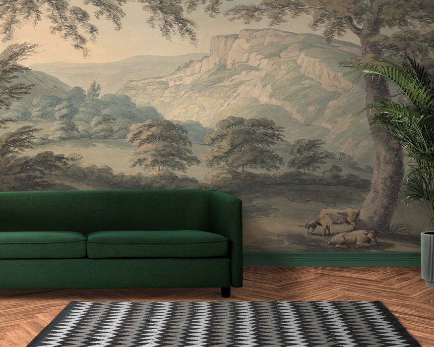 Green Hill with Old Large Green Trees on Self-Adhesive Fabric or Non-Woven Wallpaper