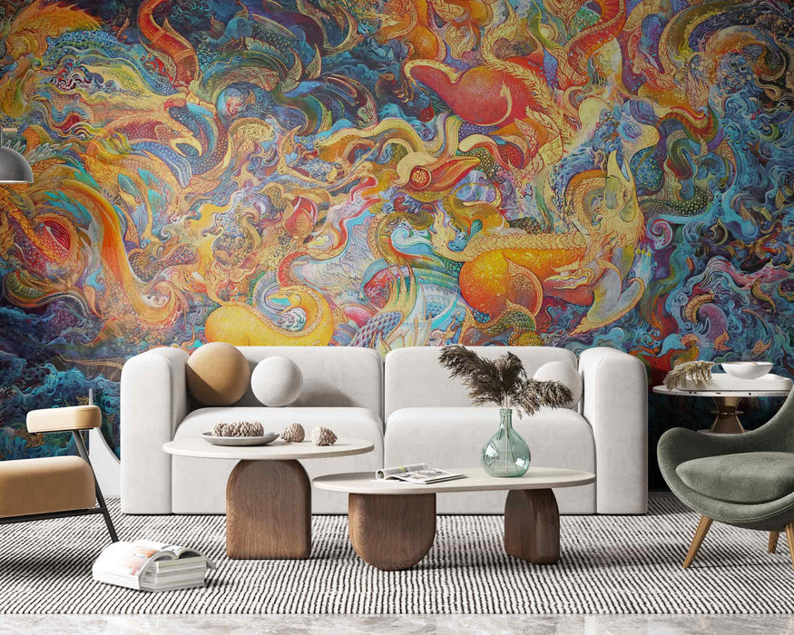 Asian Art Fantastic Animals Dragons on Self-Adhesive Fabric or Non-Woven Wallpaper