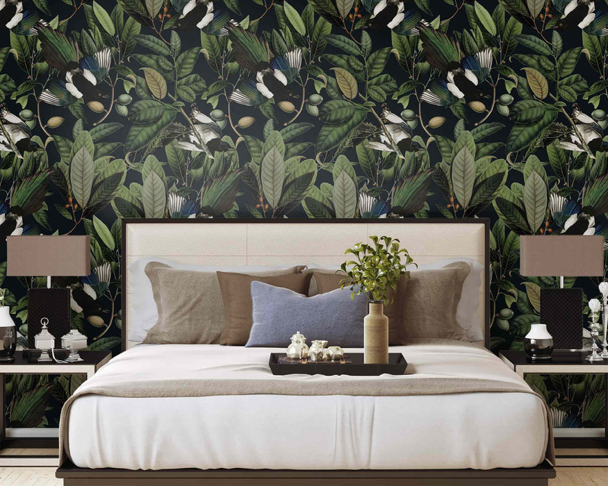 Tropical Leaves With Beautiful Birds on a Black Background on Self-Adhesive Fabric or Non-Woven Wallpaper
