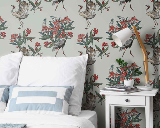 Beautiful Birds With Plants on White Background on Self-Adhesive Fabric or Non-Woven Wallpaper