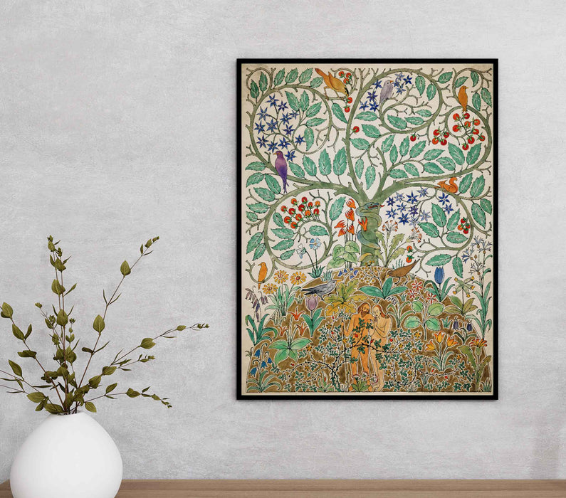 Adam and Eve Canvas Watercolor Print Blossom Retro Landscape Paper Poster or Canvas Print Framed Wall Art