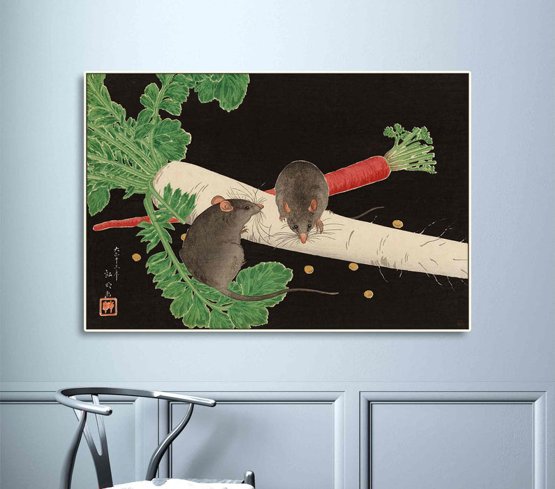 Rats and Root Vegetables Japanese Traditional Painting by Takahashi Hiroaki Paper Poster or Canvas Print Framed Wall Art