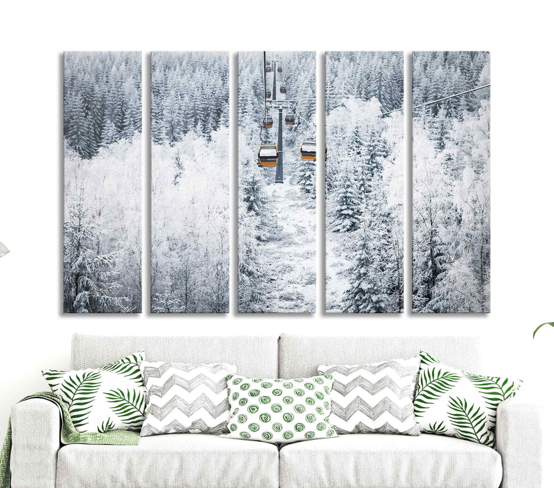 Ski Lift to the Mountains Ski resort Snow-covered fir Trees Winter Landscape Poster or Canvas Print Framed Wall Art