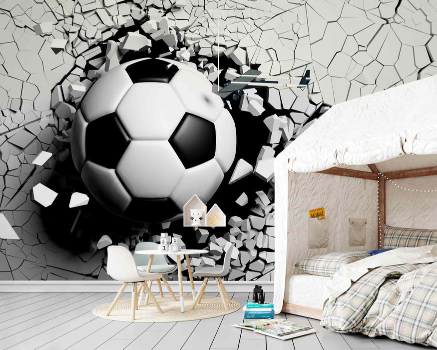 Soccer Ball Punching the Wall on Self-Adhesive Fabric or Non-Woven Wallpaper