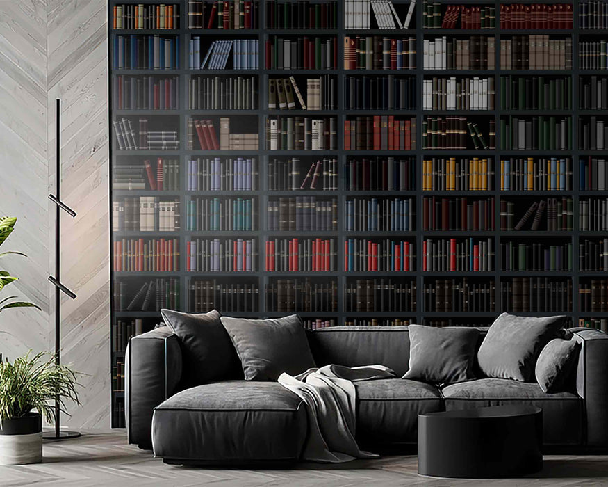 Classic Bookcase with Books on Self-Adhesive Fabric or Non-Woven Wallpaper