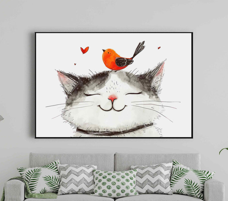 Funny Cat with a Smile with a Red Bird on his Head Paper Poster or Canvas Print Framed Wall Art