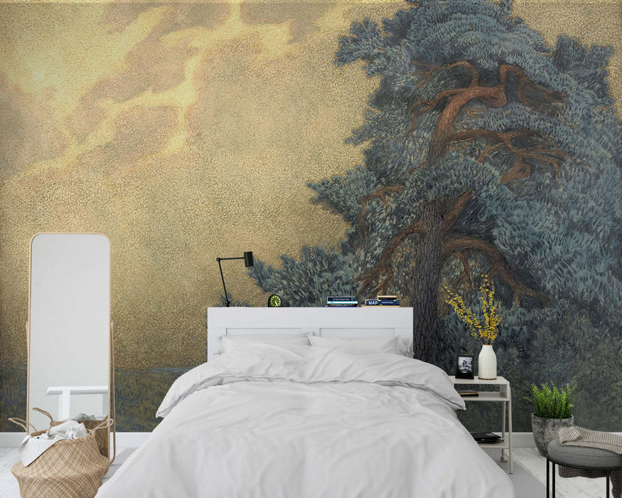 Rustic Vintage Landscape Mural on Self-Adhesive Fabric or Non-Woven Retro Big Tree Nature Wallpaper Pastel Forest Wall Art Scene Home Decor