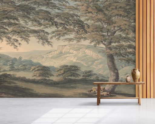 Green Hill with Old Large Green Trees on Self-Adhesive Fabric or Non-Woven Wallpaper