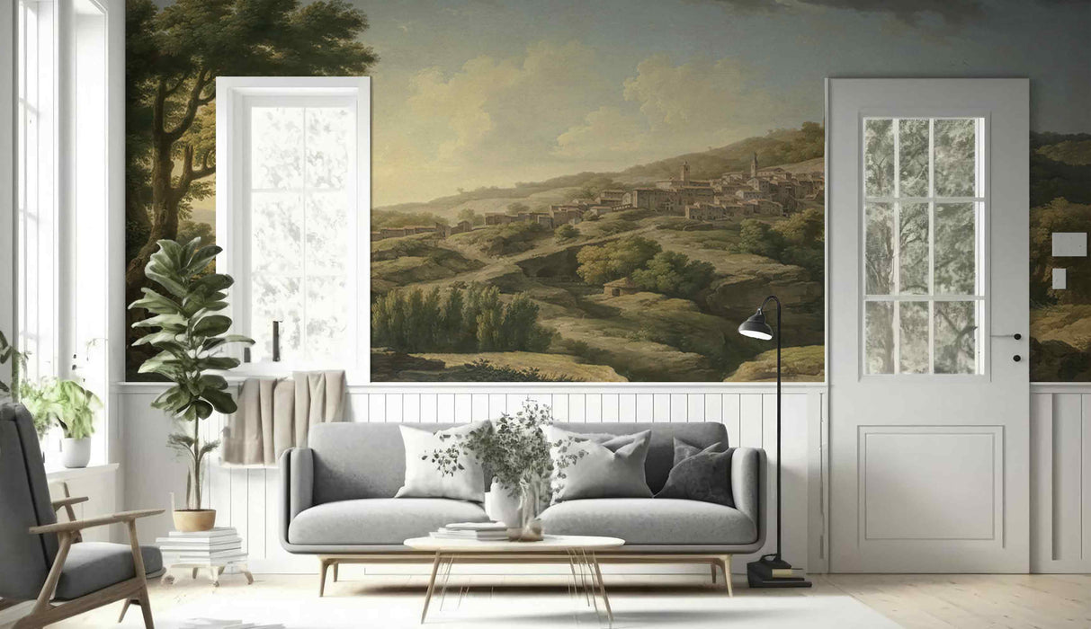 Vintage Green Landscape Wallpaper Self-Adhesive Fabric or Non-Woven Ancient City Scene Mural Rural Nature Wall Art Rustic Home Decor