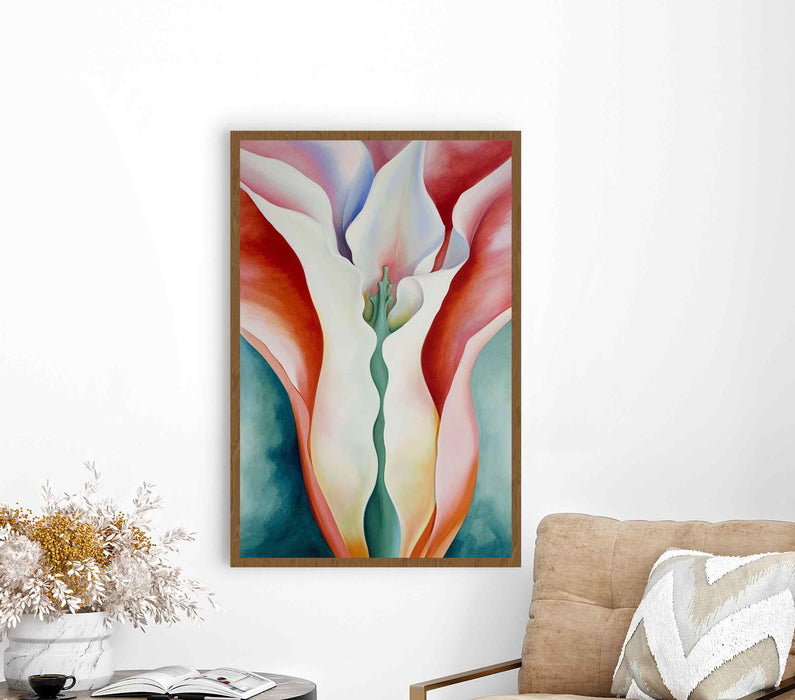 Calla lily, a beautiful delicate calla lily flower in red and pink color with green leaves Paper poster or canvas with print framed wall art