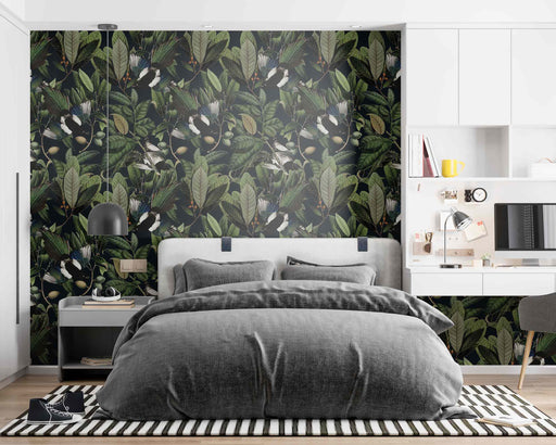 Tropical Leaves With Beautiful Birds on a Black Background on Self-Adhesive Fabric or Non-Woven Wallpaper
