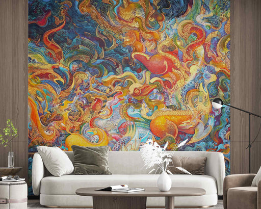 Asian Art Fantastic Animals Dragons on Self-Adhesive Fabric or Non-Woven Wallpaper
