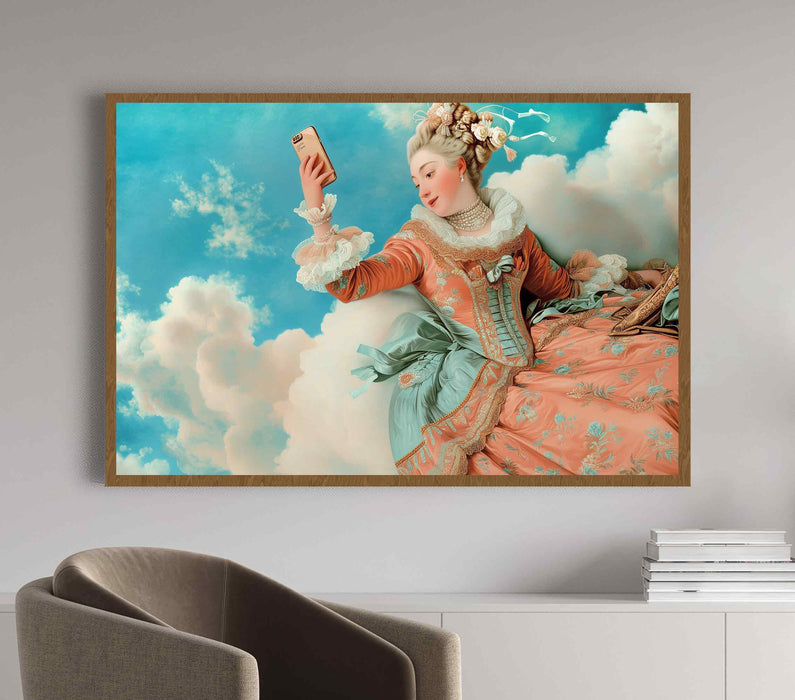 Exquisite Marie Antoinette Beautiful on canvas with phone Vintage girl on clouds Victorian style Paper Poster or Canvas Print Framed Wall Art