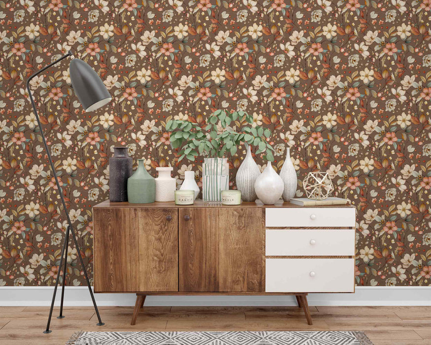 Flowers on Brown Background Self-Adhesive Fabric or Non-Woven Wallpaper Botanical Garden Mural Retro Floral Wall Art Home Decor