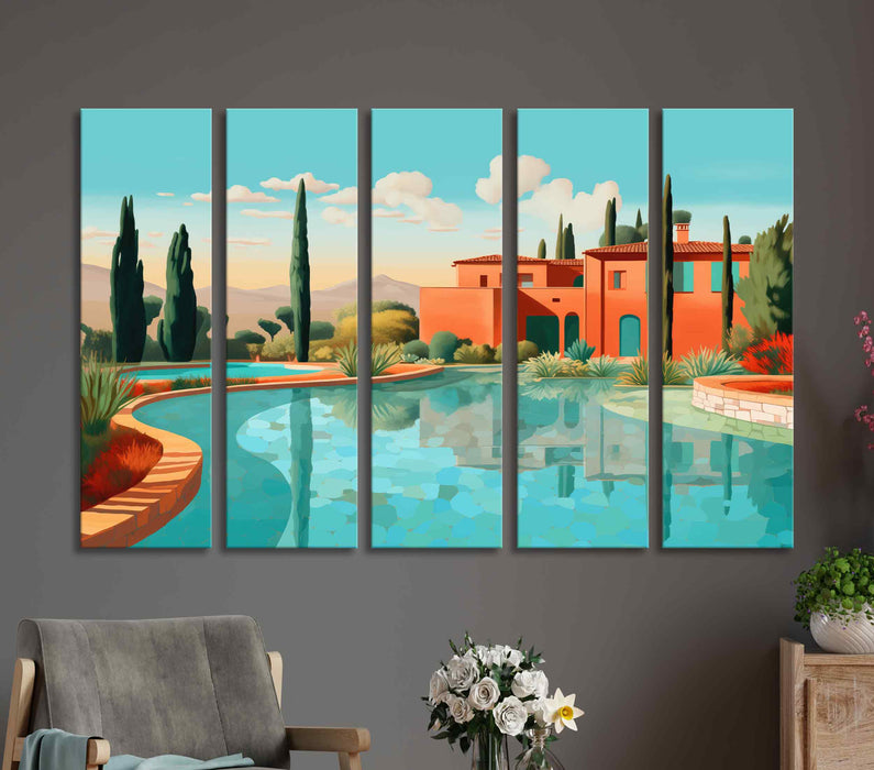 Retro art of a swimming pool overlooking the pool and the ocean Poster or Canvas Print Framed Wall Art 