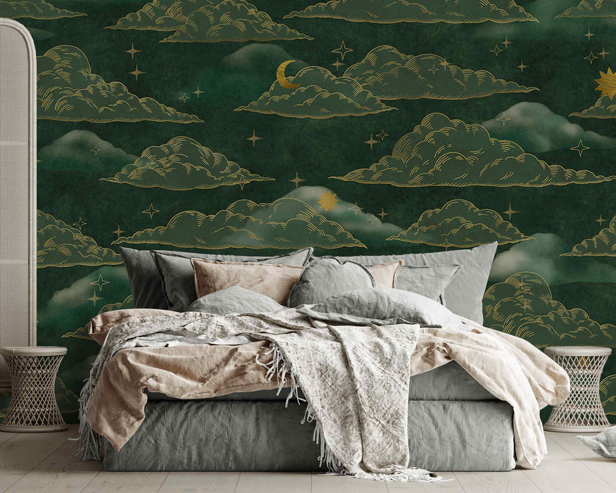 Golden curly white clouds on a green background Self-Adhesive Fabric or Non-Woven Wallpaper