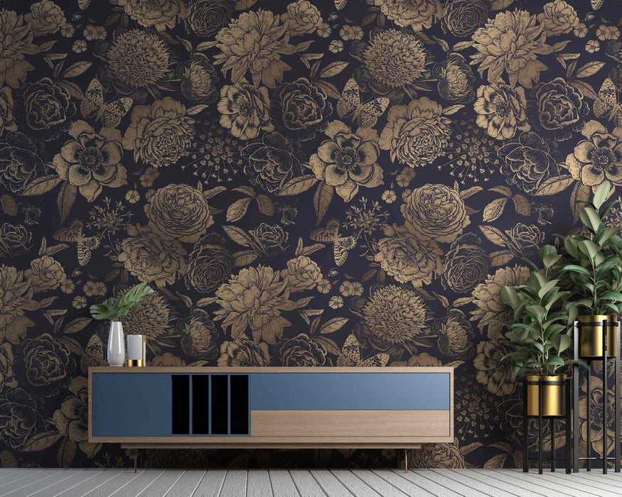 Dark Golden Floral Print on Self-Adhesive Fabric or Non-Woven Wallpaper