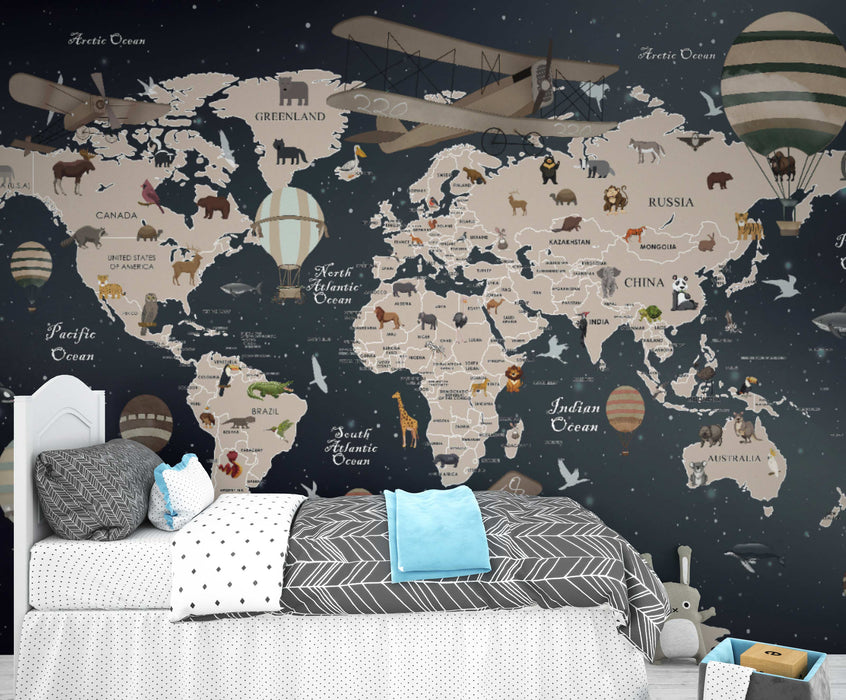 Children's World Map on Self-Adhesive Fabric or Non-Woven Wallpaper