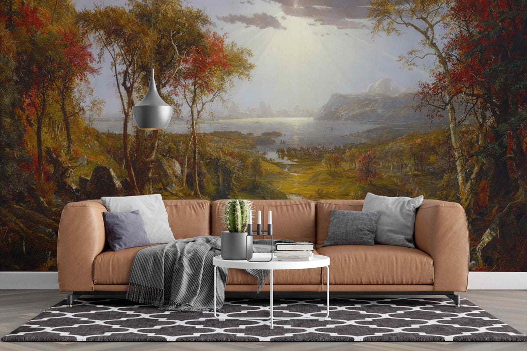 Autumn Landscape Reproduction Paintings on Wallpaper Self-Adhesive Fabric or Non-Woven Nature Scene with River and Trees Mural