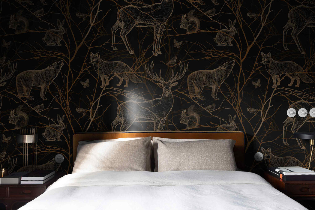 Modern Black with Animals Wallpaper Self-Adhesive Fabric or Non-Woven Minimalist Mural Forest Animals Wall Art