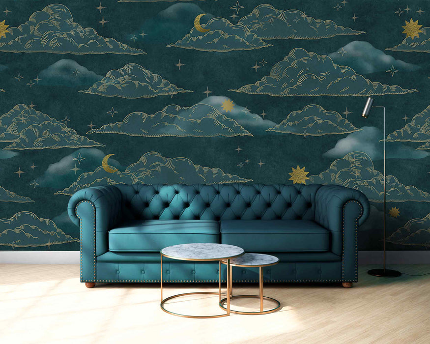 Curly clouds on a rich green background Self-Adhesive Fabric or Non-Woven Wallpaper