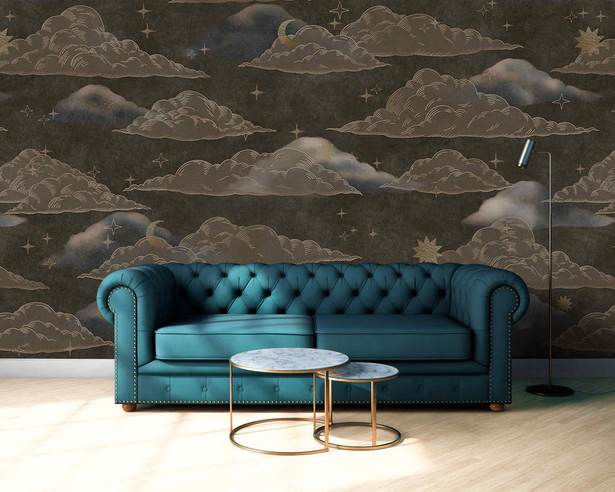 Curly clouds on a green background Self-Adhesive Fabric or Non-Woven Wallpaper