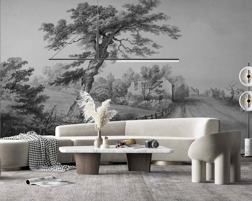 Rural Landscape Black and White on Self-Adhesive Fabric or Non-Woven Wallpaper