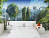 Flying Green Mountains Fantasy on Self-Adhesive Fabric or Non-Woven Wallpaper