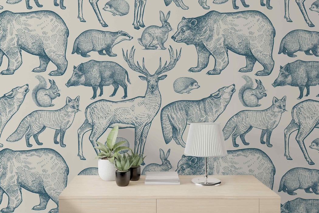 Minimalistic Modern Wallpaper with Forest Animals on White Background Self-Adhesive Fabric or Non-Woven Contemporary Mural