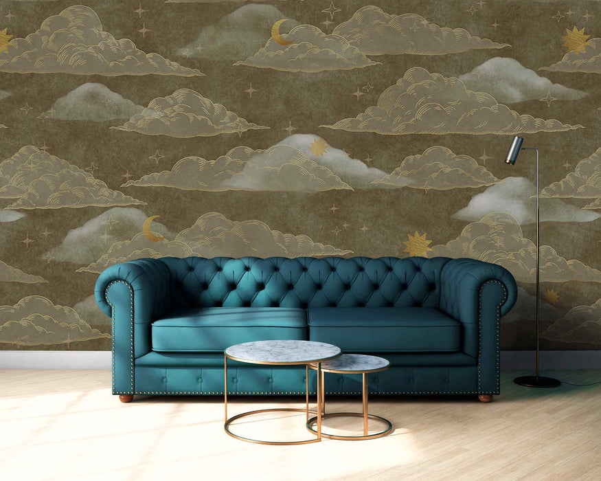 Clouds Curly on a Gray Green Background Self-Adhesive Fabric or Non-Woven Wallpaper