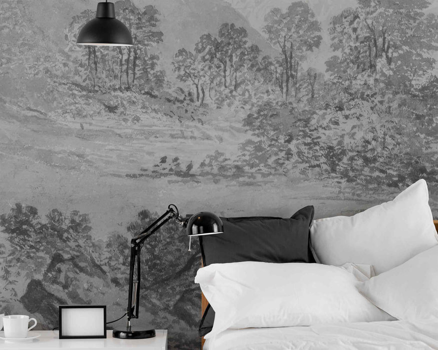 Vintage Nature Landscape Mural 120х80 on Self-Adhesive Fabric or Non-Woven Gray Scene Wallpaper River with Trees Wall Art