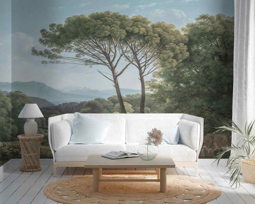 Island in the Fog Blue Green Trees on Self-Adhesive Fabric or Non-Woven Wallpaper