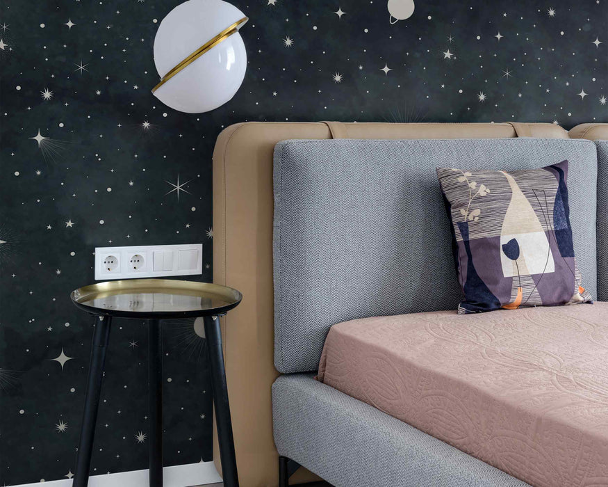 Dark Green Wallpaper with Stars Self-Adhesive Fabric or Non-Woven Space Planets Mural Starry Night Sky Wall Art