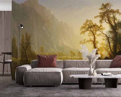 Mountain Valley at Sunrise on Self-Adhesive Fabric or Non-Woven Wallpaper
