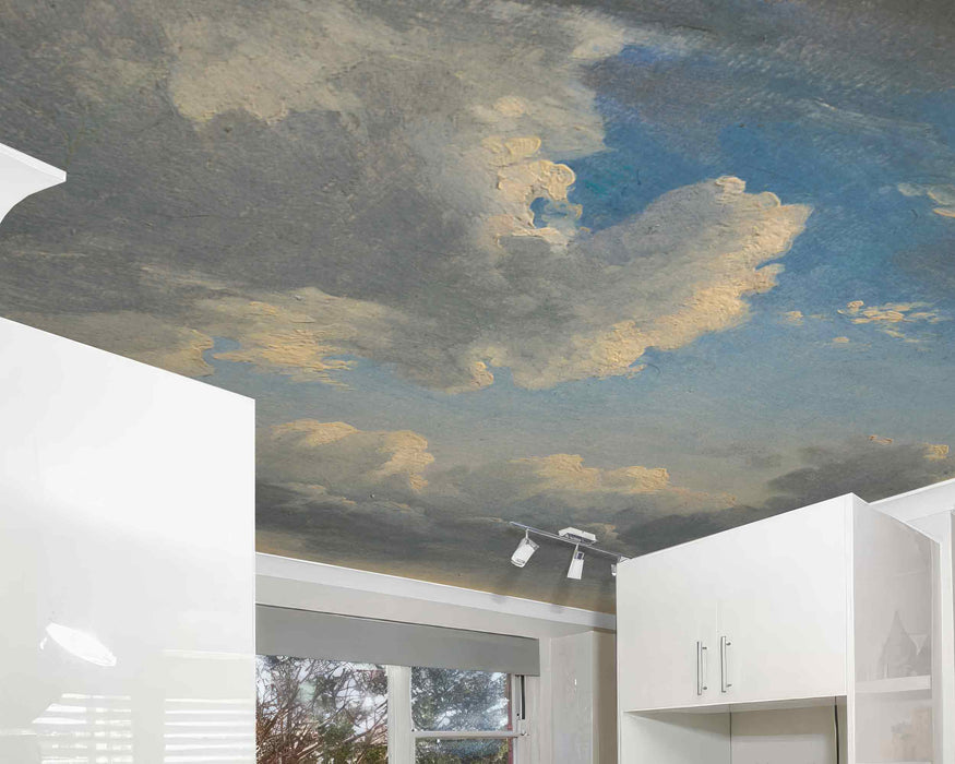 Sky Clouds on Wall and Ceiling Minimalistic Mural Self-Adhesive Fabric or Non-Woven Pastel Colors Wallpaper Blue Sky Gray Clouds Wall Art Vintage Watercolor Home Decor