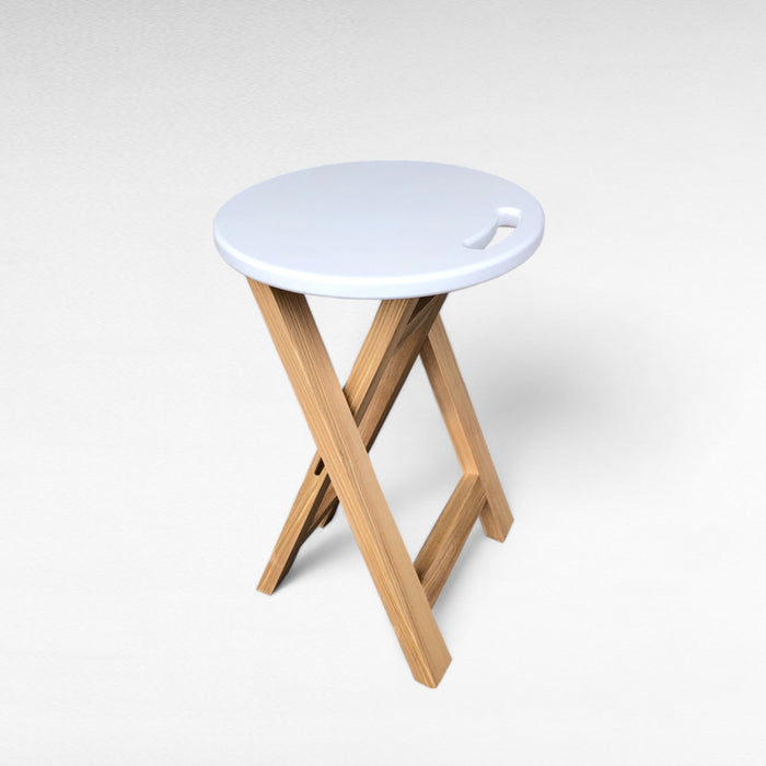 Chair made of natural wood with a white seat Folding wooden ash bar or kitchen stool