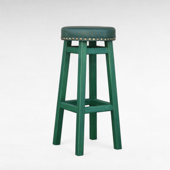 Tall Wooden Bar Brown Stool Made of Natural Alder Wood with a Soft Seat in the Style of an Irish Pub with metal rivets