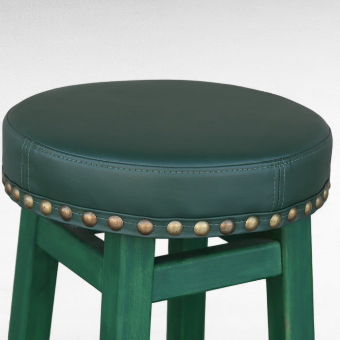 Tall Wooden Bar Brown Stool Made of Natural Alder Wood with a Soft Seat in the Style of an Irish Pub with metal rivets