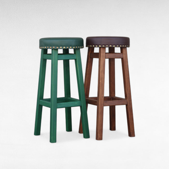 Height Wooden Green Bar Stool Made of Natural Alder Wood with a Soft Seat in the Style of an Irish Pub with metal rivets