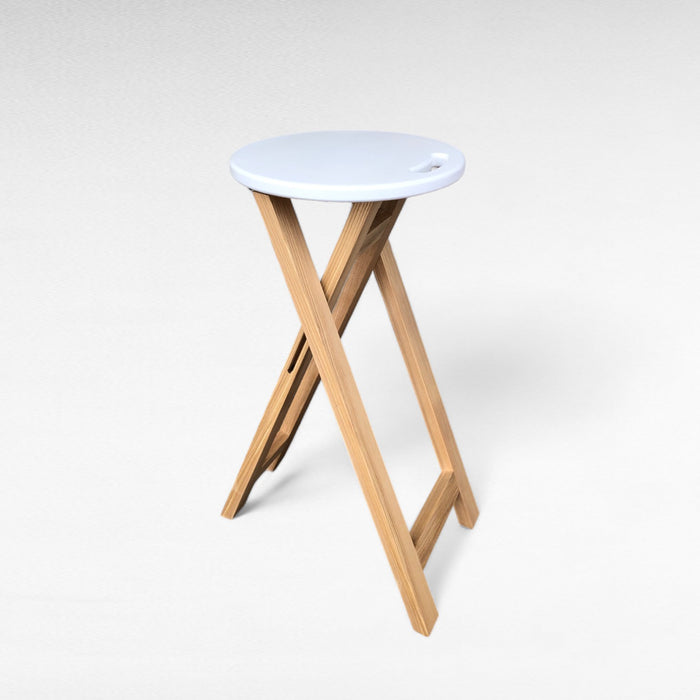 Chair made of natural wood with a white seat Folding wooden ash bar or kitchen stool